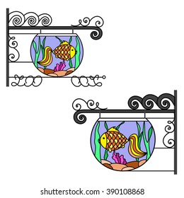 Forged signboard hats. Imitation of mosaic glass. Aquarium with goldfish. Color vector illustration.