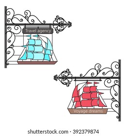 Forged signboard Travel Agency. Imitation of mosaic glass. Voyage dreams. Color vector illustration.