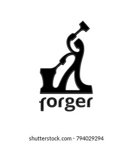 Forger vector logo. Abstract bent silhouette of a blacksmith, who crafts something, holding the tongs over anvil and swinging the hammer. Pictograph of a farrier or repairman. Black isolated icon.