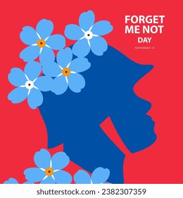 Forget Me Not Day on november 10, With concept a army silhouette and blue flower vector illustration and text isolated on abstract background for commemorate and celebrate Forget Me Not Day.