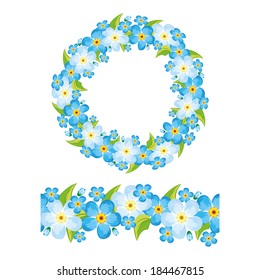 forget me not floral summer wreath and brush decorative element 