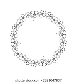 Forget me not flower circle wreath, black and white ink drawn frame 