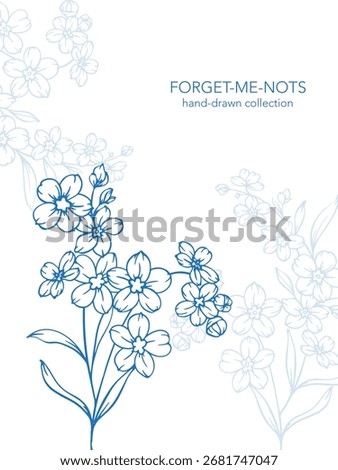 Forget me not flower drawing. Vertical template with forget-me-nots frame. Floral Line Art Graphics. Hand Drawn Outline Flowers. Botanical Silhouette Drawing. Floral Illustration
