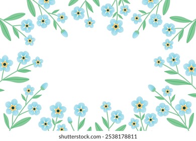 Olvídame, no marco de flores. Marco rectangular con flores alrededor del perímetro. Delicadas flores azules. Ilustración vectorial.