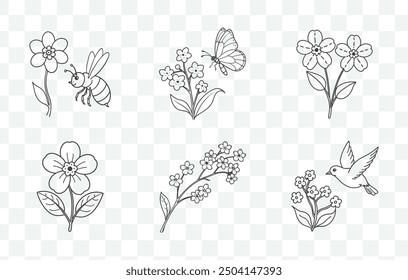 Forget Me Not Flower Line Art Vector Set Delicate Botanical Illustrations of Forget Me Nots in Black and White