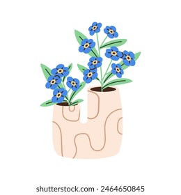 Olvídate de mí, no flor en un jarrón de cerámica moderna. Miosotis con hojas en elegante maceta floral. Flor silvestre, flor de la planta del prado para la decoración interior. Ilustración vectorial aislada plana sobre fondo blanco