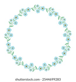 Forget me not flower round frame. round frame with flowers around the perimeter. Delicate blue flowers. Vector illustration.