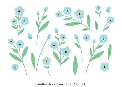 Olvídame, no conjunto de flores. Colección de Elementos de plantas para el diseño. Delicadas flores azules. Ilustración vectorial.