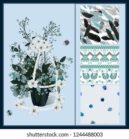 Forget me not and whıte flowers bouquet,  bugs and beautiful leaves, bugs and winter pixel motives seamless backgrounds. Ideal for wedding invitations and Save the Date invitations