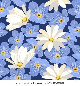Forget me not flowers and daisies vector pattern