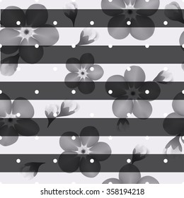 forget me not flowers on the striped black and white background. seamless pattern with summer flowers, dots and lines. Modern concept design template