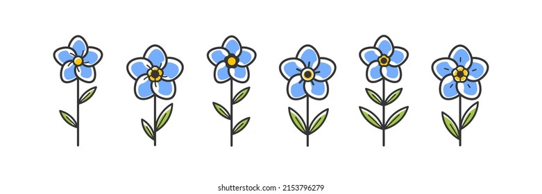 Forget me not illustration. FLower symbol. Set of 6 geometric shape. Modern linear design print. Modern abstract linear compositions and graphic design elements.