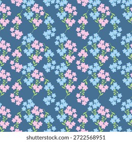 Forget me not isolated on a white background. Seamless pattern under clipping mask, convenient for editing. Spring flowers. Pink and blue forget me not on a flat style.