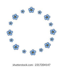 Forget me not spring little blue flower circle wreath, vector frame 