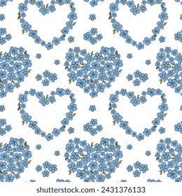 Forget me not wild little blue flower hearts seamless pattern for surface design. Hand drawn floral vector spring background, for textile design, scrapbook, wallpaper.