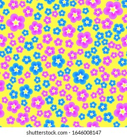 Forget me nots blue and pink flowers on a bright yellow background. Seamless vector pattern for textiles, fabric, background, packaging paper.