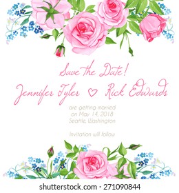 Forget me nots and pink roses floral design frame vector element