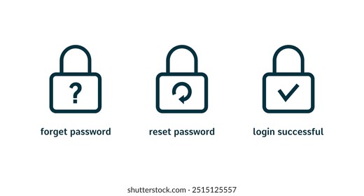 Ícone Ignorar senha. Ícone Redefinir senha. Ícone Logon. Proteção de conta, chave de segurança, aviso de perigo, senha incorreta. Elemento de design.