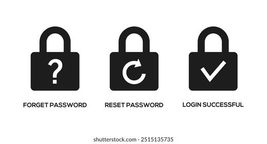 Ícone Ignorar senha. Ícone Redefinir senha. Ícone Logon. Proteção de conta, Chave de segurança, Aviso de perigo, Senha incorreta. Elemento de design.