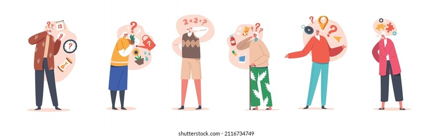 Forgetful Elderly People with Alzheimer Disease. Senior Characters Thinking, Confused Grandfather, Grandmother Forget and Trying Remember. Troubled Worried Old People. Cartoon Vector Illustration