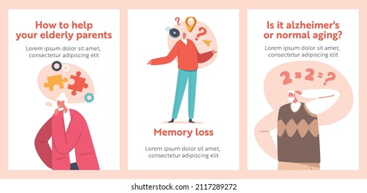 Forgetful Elderly People with Alzheimer Disease Cartoon Banners. Senior Characters Thinking, Confused Grandfather, Grandmother Forget and Trying Remember. Troubled Worried Old People. Vector Posters