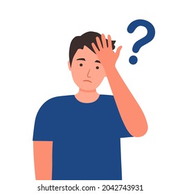 Forgetful man holding hand to his forehead and thinking. Forgetfulness. Young guy has memories problem. Male with question mask.