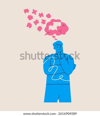 Forgetful man whose puzzles fly out of his brain. Colorful vector illustration 
