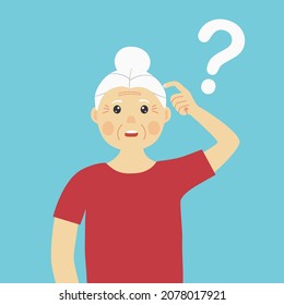 Forgetful old woman holding hand to her head in flat design. Forgetfulness. Senior female has Alzheimer’s disease.