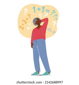 Forgetful Pensioner, Old Grandmother Character Trying To Remember Simple Mathematical Example. Senior Woman With Alzheimer Disease, Brain Geriatric Mental Illness. Cartoon People Vector Illustration
