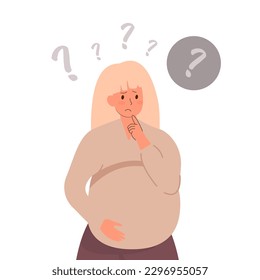 Forgetful pregnant woman in flat design. Forgetfulness. A young pregnant woman has memory problems.