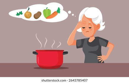 
Ilustração de desenho animado de vetor de sopa de cozinha da senhora sênior esquecida. Vovó tentando lembrar-se de uma receita para uma refeição