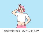 Forgetful shocked girl clutching head, opens mouth wide remembering about things not done or keys forgotten at home. Shocked woman with pink hair is stressed by piled problems and troubles