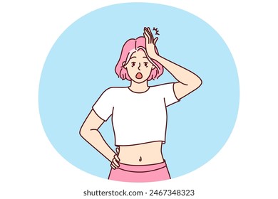 Forgetful shocked girl clutching head, opens mouth wide remembering about things not done or keys forgotten at home. Shocked woman with pink hair is stressed by piled problems and troubles