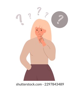A forgetful woman, in a flat design. Forgetfulness. A young woman has memory problems.