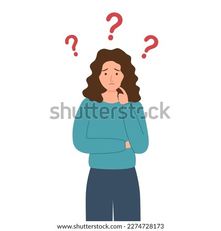 Forgetful woman holding finger to her chin  with question mark in flat design. Forgetfulness. Thoughtful female thinking and solving problem. Memory problem. 商業照片 © 