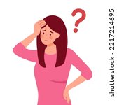 Forgetful woman holding hand to her head in flat design. Forgetfulness. Young female has memories problem.