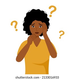 Forgetful woman holding hand to her head and chin in flat design. Forgetfulness. African female has memories problem.