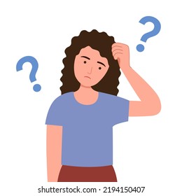 Forgetful woman holding hand to her head in flat design. Forgetfulness. Young female has memories problem. Finding solution.