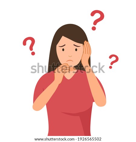 Forgetful woman holding hand to her head and chin in flat design. Forgetfulness. Young female has Memories problem.
