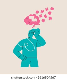 Forgetful woman whose puzzles fly out of her brain. Colorful vector illustration 
