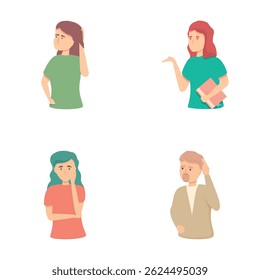 Ícones de esquecimento definem o vetor de desenhos animados. Problema de perda de memória, mente nebulosa. Saúde mental