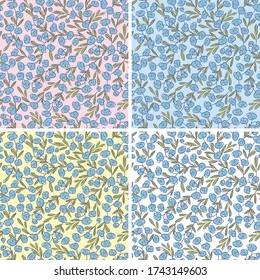 Forget-me-not childish seamless vector pattern set, floral pattern, tiny blue flowers. 4 backgrounds - pink, blue, yellow and white. Texture for kids - fabric, wrapping, textile, wallpaper, apparel. 