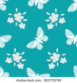 Forget-Me-Not floral and butterfly seamless vector pattern background. Pastel painterly watercolor effect white mysotis flowers clusters and flying insects on aqua blue backdrop. Botanical repeat.