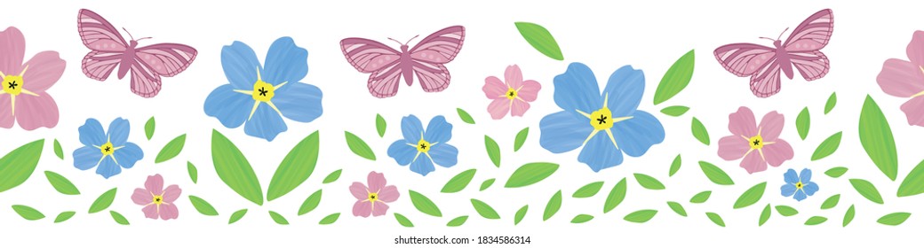 Forget-Me-Not floral and butterfly seamless vectorborder . Beautiful banner of painterly watercolor effect pink blue mysotis flowers and insects . Hand drawn botanical design. For ribbon, edging