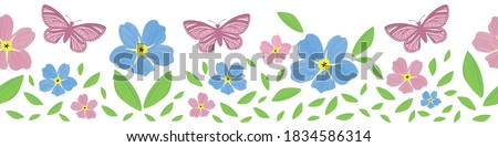 Forget-Me-Not floral and butterfly seamless vectorborder . Beautiful banner of painterly watercolor effect pink blue mysotis flowers and insects . Hand drawn botanical design. For ribbon, edging