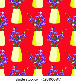 Forget-me-not floral illustration. Flowers in a can, seamless pattern.