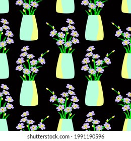 Forget-me-not floral illustration. Flowers in a can, seamless pattern.