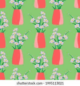 Forget-me-not floral illustration. Flowers in a can, seamless pattern.