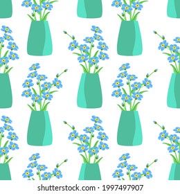 Forget-me-not floral illustration. Flowers in a can, seamless pattern.