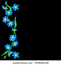 Forget-me-not floral illustration. Garland of flowers with leaves.